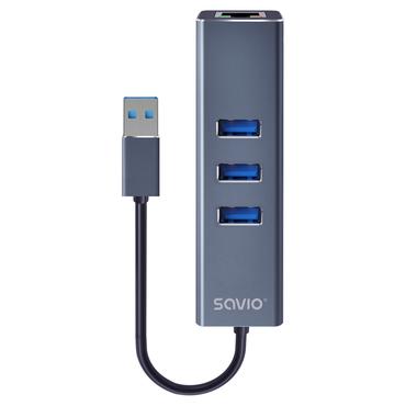 Savio AK-57 USB-A - 3 x USB-A HUB with RJ-45 Gigabit Ethernet adapter  5000 Mbit/s  grey