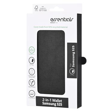 Essentials Samsung Galaxy S25 PU wallet, detachable, 3 cards, black