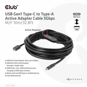 Club 3D - USB typ C-kabel - 24 pin USB-C till USB typ A - 10 m