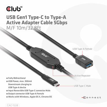 Club 3D - USB typ C-kabel - 24 pin USB-C till USB typ A - 10 m