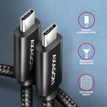 AXAGON BUCM2-CM10AB, CHARGE kabel USB-C &amp lt -&amp gt  USB-C, 1m, Hi-Speed USB, PD 240W 5A, ALU, oplet, cerný