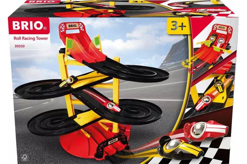 BRIO racetrack tower with two racing cars, toy vehicle