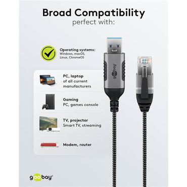 USB-A 3.0 to RJ45 Ethernet Cable, Slim, 3 m, 3 m, black - connects router, modem or network switch to USB-A