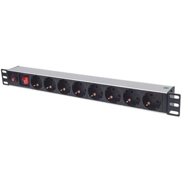 Intellinet 19" 1U Rackmount 8-Way Power Strip - German Type, With On/Off Switch and Overload Protection, 3m Power Cord - effektband