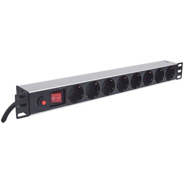 Intellinet 19" 1U Rackmount 8-Way Power Strip - German Type, With On/Off Switch and Overload Protection, 3m Power Cord - effektband