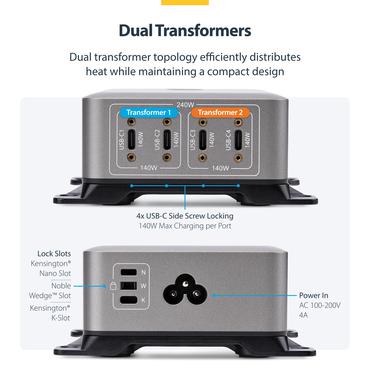 StarTech.com 4-Port USB-C Charger, 240W Total, Single Port 140W EPR str&ouml;madapter - med ytsmonteringsf&auml;ste - 24 pin USB-C - 240 Watt