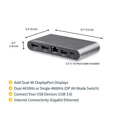 StarTech.com USB C Dock, 4K Dual Monitor DisplayPort, Mini Laptop Docking Station, 100W Power Delivery Passthrough, GbE, 2-Port USB-A Hub, USB Type-C Multiport Adapter 3.3' Cable, Dual DP