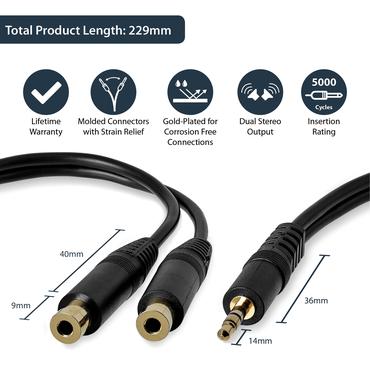 StarTech.com 6 in. 3.5mm Audio Splitter Cable - Stereo Splitter Cable - Gold Terminals - 3.5mm Male to 2x 3.5mm Female - Headphone Splitter (MUY1MFF) - ljudsplitter - 15.2 cm