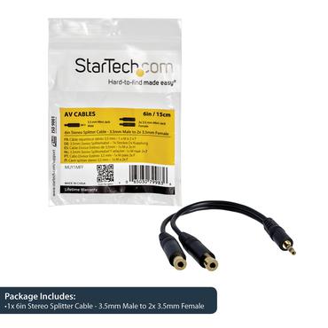 StarTech.com 6 in. 3.5mm Audio Splitter Cable - Stereo Splitter Cable - Gold Terminals - 3.5mm Male to 2x 3.5mm Female - Headphone Splitter (MUY1MFF) - ljudsplitter - 15.2 cm