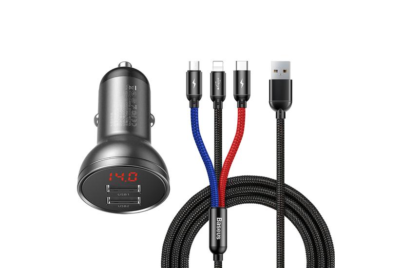 Ladowarka Baseus Ladowarka samochodowa Baseus z wyswietlaczem 24W + kabel USB 3w1 Baseus Three Primary Colors 1,2m