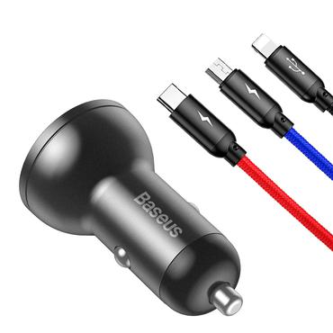 Ladowarka Baseus Ladowarka samochodowa Baseus z wyswietlaczem 24W + kabel USB 3w1 Baseus Three Primary Colors 1,2m