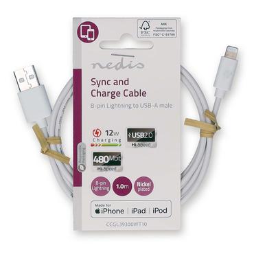 Nedis Lightning Kabel  USB 2.0  AppleLightning 8-Pins  USB-A Male  480 Mbps  Vernikkeld  1.00 m  Rond  PVC  Wit  Label