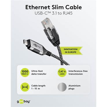USB-C&trade; 3.1 to RJ45 Ethernet Cable, Slim, 10 m, 10 m, black - connects router, modem or network switch to USB-C&trade;