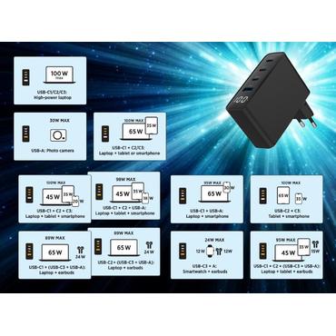 4-port 100W GaN USB fast charger, LCD, black