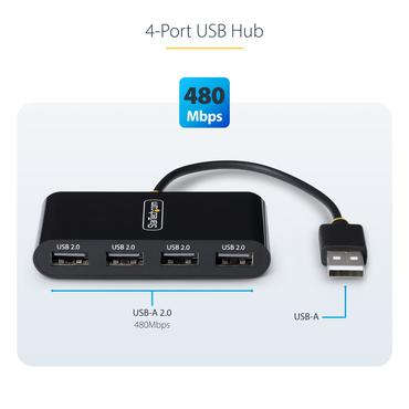 StarTech.com 4-Port USB 2.0 Hub, USB Bus Powered, Small Travel Mini USB Hub, USB 2.0 Splitter, Multi-Port Portable USB Hub, 480Mbps, Overcurrent Protection (OCP) - hub - 4 porte