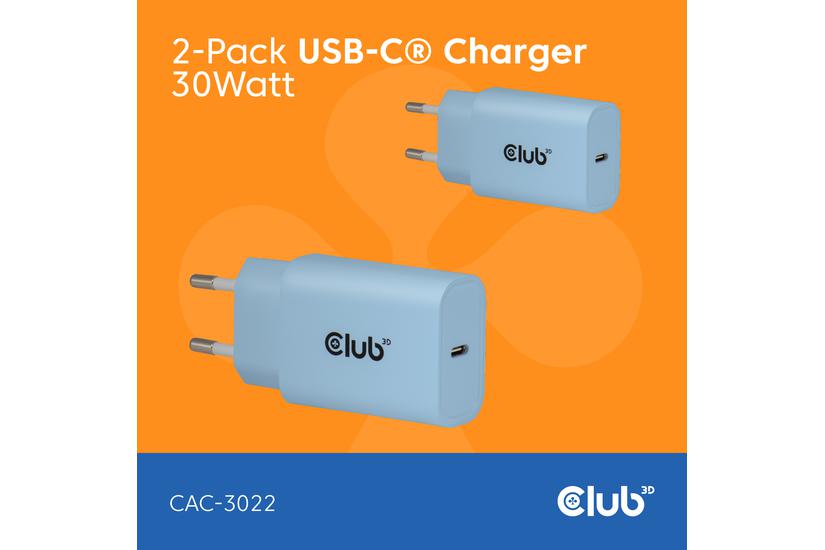 CLUB-3D Ladegerät USB-C,PD,30W, blau 2er-Pack, 15V/2A