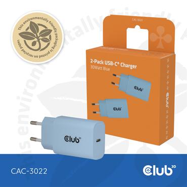 CLUB-3D Ladegerät USB-C,PD,30W, blau 2er-Pack, 15V/2A