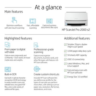 HP Scanjet Pro 2000 s2 Sheet-feed - dokumentskanner - desktop - USB 3.0
