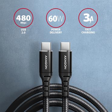 AXAGON BUCM-CM15AB, HQ kabel USB-C &amp lt -&amp gt  USB-C, 1.5m, USB 2.0, PD 60W 3A, ALU, oplet, cern&yacute;