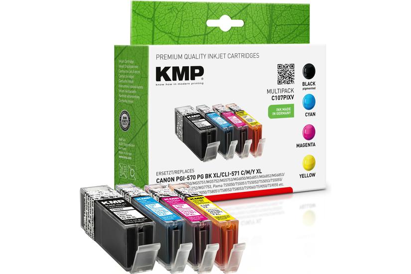 KMP MULTIPACK C107PIXV - 4 paket - H&ouml;gtydende - sort, gul, cyan, magenta - bl&aelig;kpatron (alternativ till: Canon CLI-571YXL, Canon PGI-570PGBKXL, Canon CLI-571MXL, Canon CLI-571CXL, Canon 033200330, Canon 3C01, 3C01, 3C01, 3C01, 4 , Canon 0318C001)