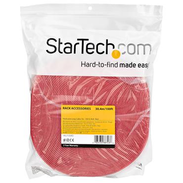 StarTech.com 100ft Hook and Loop Roll, Cut-to-Size Reusable Cable Ties, Bulk Industrial Wire Fastener Tape /Adjustable Fabric Wraps Red / Resuable Self Gripping Cable Management Straps - Adjustable Loop Ties (HKLP100RD) - kardborref&auml;ste