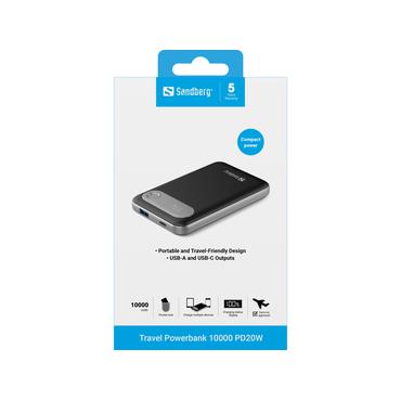 Sandberg 421-16 powerbank Lithium polymer (LiPo) 10000 mAh Aluminium, Sort
