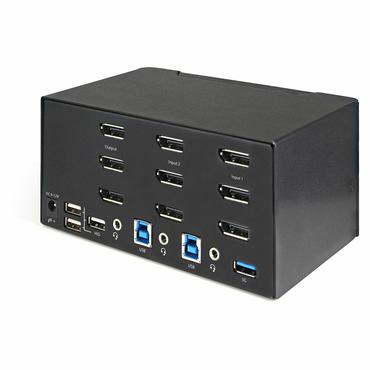 StarTech.com 2-ports DisplayPort KVM-switch f&ouml;r tre sk&auml;rmar - 4K 60&nbsp;Hz UHD HDR - Desktop DP 1.2 KVM med 2 portar USB 3.0-hubb (5 Gbit/s) och 4x USB 2.0 HID-portar, ljud - Snabbtangenter f&ouml;r omkoppling - TAA - omkopplare f&ouml;r tangentbord/video/mus/ljud - 2 portar - TAA-kompatibel