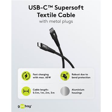 USB-C&trade; Supersoft Textile Cable with Metal Plugs, 2 m, black, black