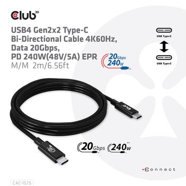 Club 3D - USB typ C-kabel - 24 pin USB-C till 24 pin USB-C - 2 m
