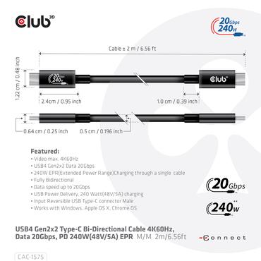 Club 3D - USB typ C-kabel - 24 pin USB-C till 24 pin USB-C - 2 m