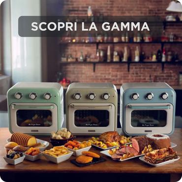 Heißluftfritteuse und Mini-Ofen 3in1 Vintage Blue (weiß/hellblau, 1.350 Watt, Garraum 16 Liter, mit Sichtfenster)