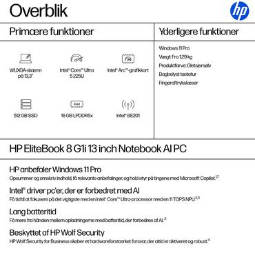 HP EliteBook 8 G1i Notebook AI Bærbar PC - Intel Core Ultra 5 (Serie 2) 225U / 1.5 GHz - 16 GB LPDDR5X - 512 GB SSD PCIe - NVM Express (NVMe) - 13.3" IPS