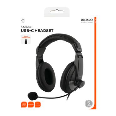 Deltaco HL-50C Headset, 40mm element, USB-C, volume control black