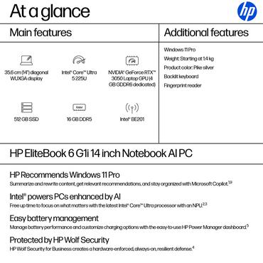 HP EliteBook 6 G1i Notebook AI B&auml;rbar dator - Intel Core Ultra 5 (Serie 2) 225U / 1.5 GHz - 16 GB DDR5 - 512 GB SSD PCIe - NVM Express (NVMe) - Intel Graphics upp till - 14" IPS