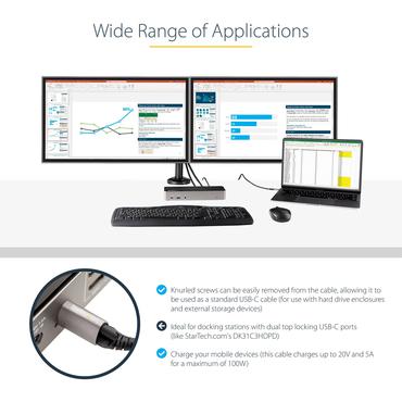 StarTech.com 50 cm toppskruvl&aring;sande USB C-kabel 10&nbsp;Gbit/s - USB 3.1/3.2 Gen 2 Type-C kabel - 100W (5A) Power Delivery-laddning, DP alt-l&auml;ge - Enkel skruvl&aring;sning - USB-C-kabel ladda/synkronisera - USB typ C-kabel - 24 pin USB-C till 24 pin USB-C - 50 cm