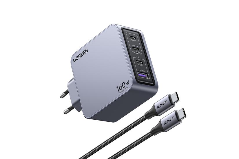 Ugreen Nexode Pro 160W GaN Charger with USB-C Cable Universel Sort, Grå Vekselstrøm Hurtig opladning Indendørs