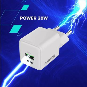 CANYON charger CU20AC GaN 20W 1xPD 1xQC EU White