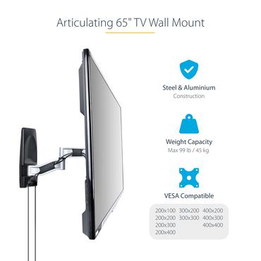 StarTech.com Articulating TV Wall Mount, VESA Wall Mount Supports 65 inch/99lb/Flat/Curved TVs, Retractable Low Profile Wall Mount TV Bracket, Adjustable Corner TV Wall Mount