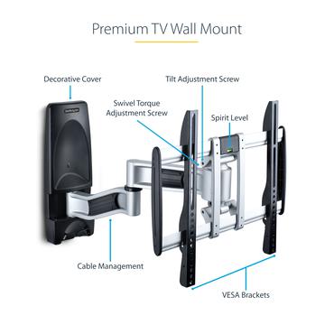 StarTech.com Articulating TV Wall Mount, VESA Wall Mount Supports 65 inch/99lb/Flat/Curved TVs, Retractable Low Profile Wall Mount TV Bracket, Adjustable Corner TV Wall Mount