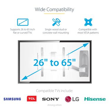 StarTech.com Articulating TV Wall Mount, VESA Wall Mount Supports 65 inch/99lb/Flat/Curved TVs, Retractable Low Profile Wall Mount TV Bracket, Adjustable Corner TV Wall Mount