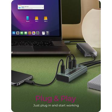 ICY BOX IB-HUB1457-C31 USB 3.2 Gen 1 (3.1 Gen 1) Type-C 10000 Mbit/s Blå, Grå