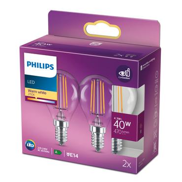 Philips Filament kertepære, klar 40 W P45 E14 x 2