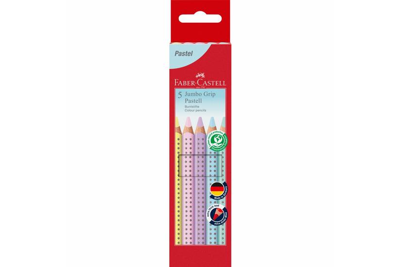 FABER-CASTELL Dreikant-Buntstifte Jumbo GRIP Pastell, 5er Etui dreieckig, farbig lackiert, Soft-Grip-Zone, L&auml;nge: 175 - 1 St&uuml;ck (110991)