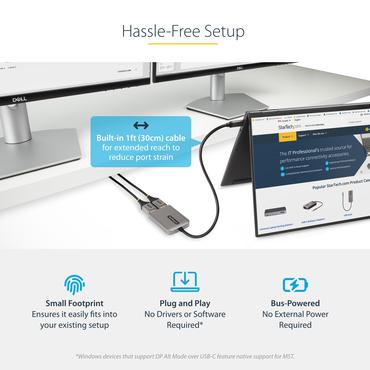 StarTech.com 2-Port USB-C MST Hub, USB Type-C to 2x DisplayPort Multi-Monitor Adapter for Laptop, Dual-DP up to 4K 60Hz w/ DP 1.4 Alt Mode & DSC, HDR, 1ft (30cm) Cable, USB Bus-Powered - Multi-Stream Transport Hub (MST14CD122DP) - video/audiosplitter - 2 portar