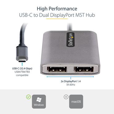 StarTech.com 2-Port USB-C MST Hub, USB Type-C to 2x DisplayPort Multi-Monitor Adapter for Laptop, Dual-DP up to 4K 60Hz w/ DP 1.4 Alt Mode & DSC, HDR, 1ft (30cm) Cable, USB Bus-Powered - Multi-Stream Transport Hub (MST14CD122DP) - video/audiosplitter - 2 portar