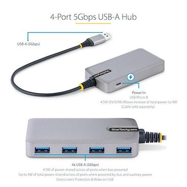 StarTech.com 4-Port USB Hub, USB 3.0 5Gbps, Bus Powered, USB-A to 4x USB-A Hub with Optional Auxiliary Power Input, Portable Desktop/Laptop USB Hub with 1ft (30cm) Attached Cable - USB Expansion Hub (5G4AB-USB-A-HUB) - hub - 4 porte