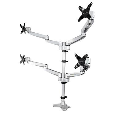StarTech.com Desk Mount Quad Monitor Arm, Premium Articulating VESA 4 Monitor Mount 2x2 up to 27", Ergonomic Height Adjustable Pole Mount, Tilt/Swivel/Rotate, C-Clamp/Grommet, Silver