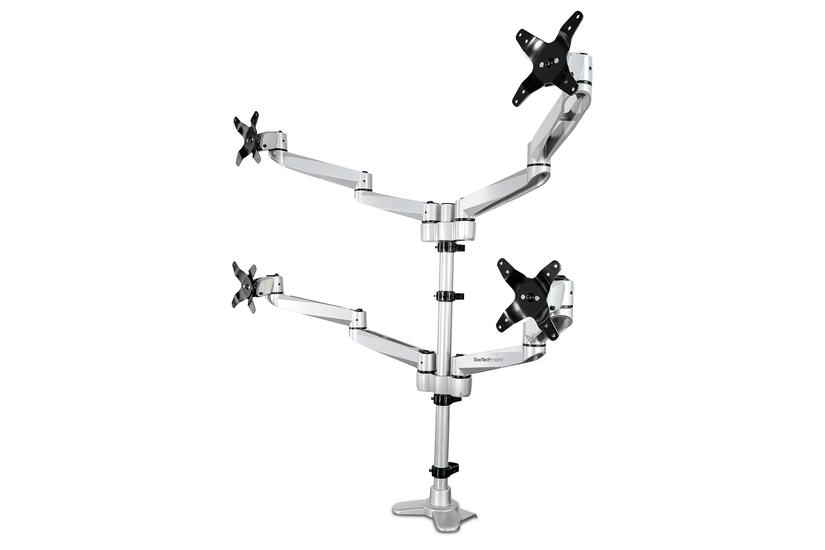 StarTech.com Desk Mount Quad Monitor Arm, Premium Articulating VESA 4 Monitor Mount 2x2 up to 27", Ergonomic Height Adjustable Pole Mount, Tilt/Swivel/Rotate, C-Clamp/Grommet, Silver - Heavy-duty VESA Mount (ARMQUADPS) monteringssats - justerbar arm - för 4 monitorer - silver