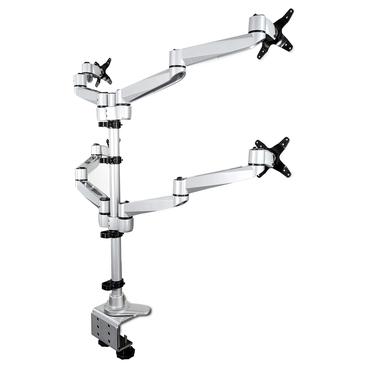 StarTech.com Desk Mount Quad Monitor Arm, Premium Articulating VESA 4 Monitor Mount 2x2 up to 27", Ergonomic Height Adjustable Pole Mount, Tilt/Swivel/Rotate, C-Clamp/Grommet, Silver