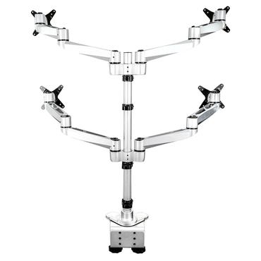 StarTech.com Desk Mount Quad Monitor Arm, Premium Articulating VESA 4 Monitor Mount 2x2 up to 27", Ergonomic Height Adjustable Pole Mount, Tilt/Swivel/Rotate, C-Clamp/Grommet, Silver
